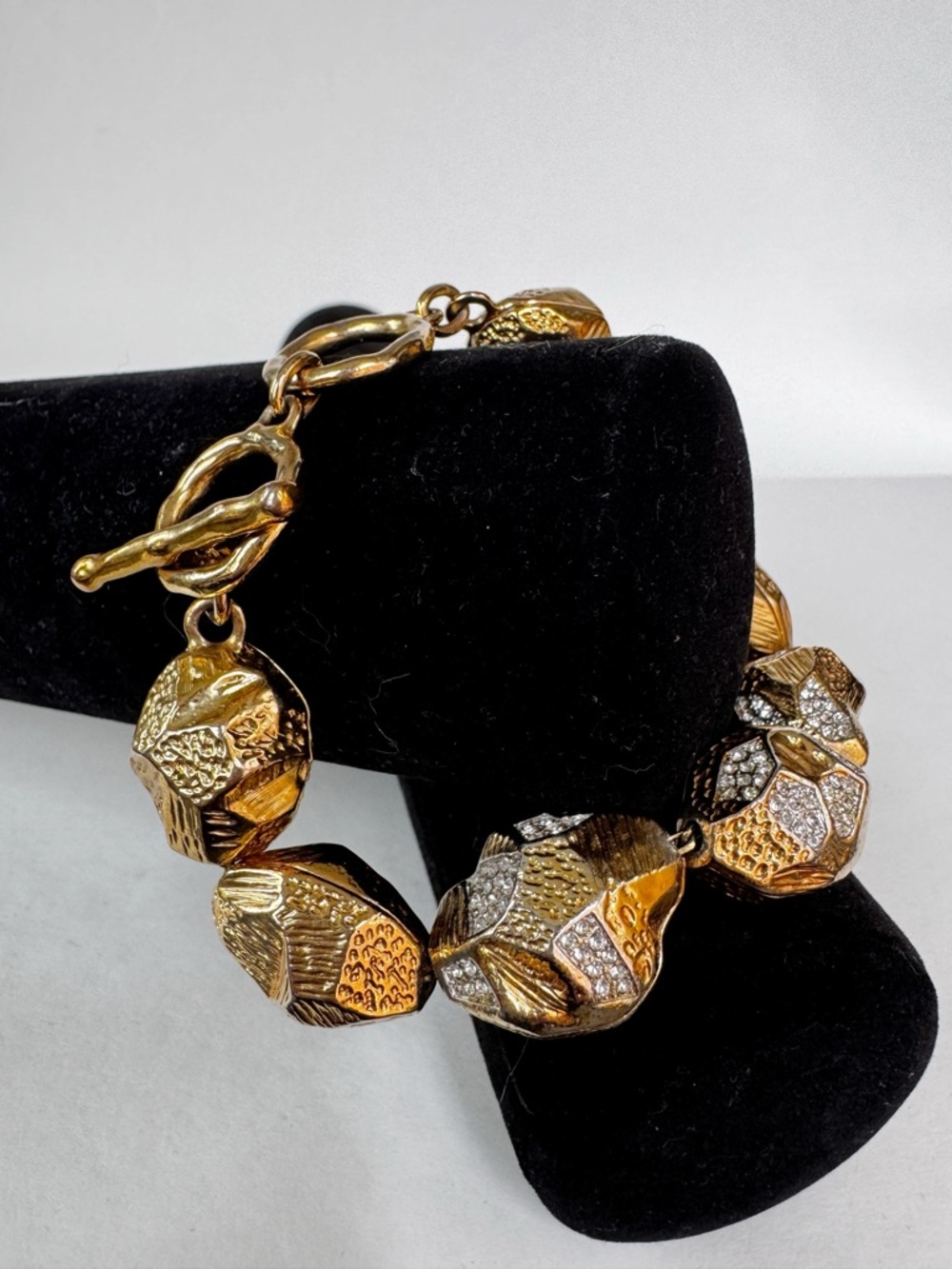 Vintage Chunky Gold Nugget Pave Rhinestone Signed CN Link Bracelet Toggle 1980s